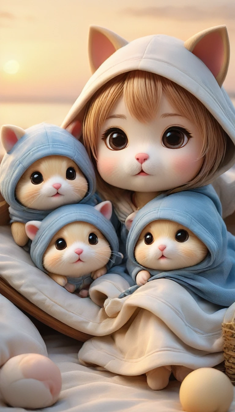 With the sunset in the background,(masterpiece:1.2, high quality), Several baby hamsters sleeping together in bed、