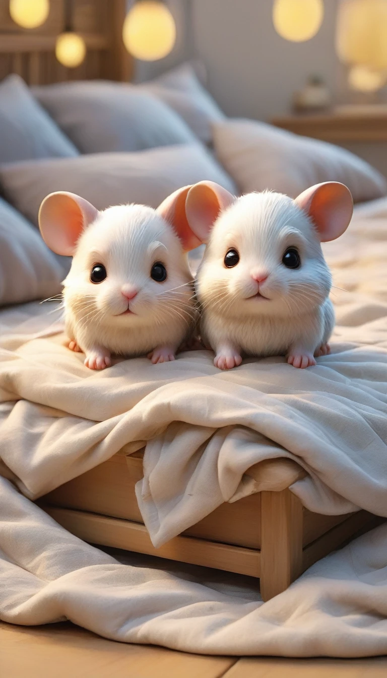 With the sunset in the background,(masterpiece:1.2, high quality), Several baby hamsters sleeping together in bed、