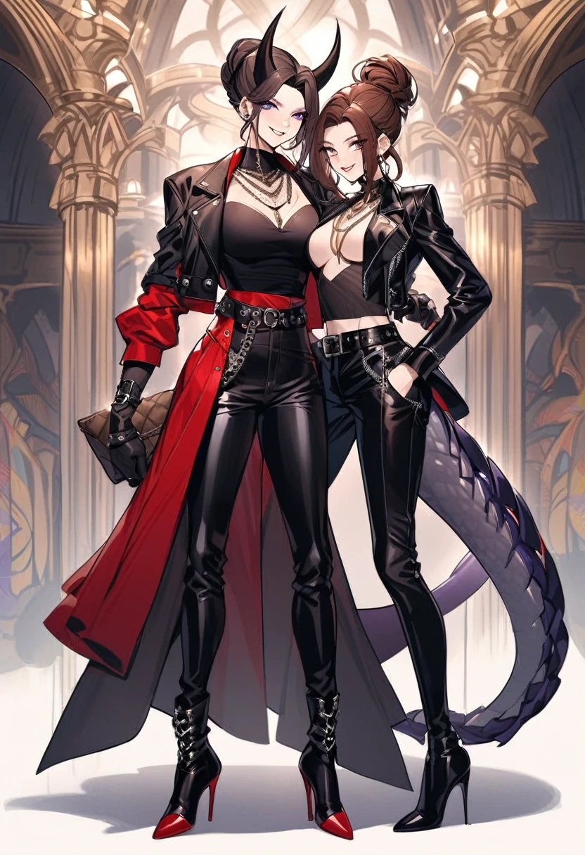 Tall woman, cheeky smile, brunette, hair gathered in a low bun, strands on the sides of face, red and black clothes with open chest, deep necklace, purple eyes, dragon tail and horns, belts, pants, light lipstick, high heels leather boots