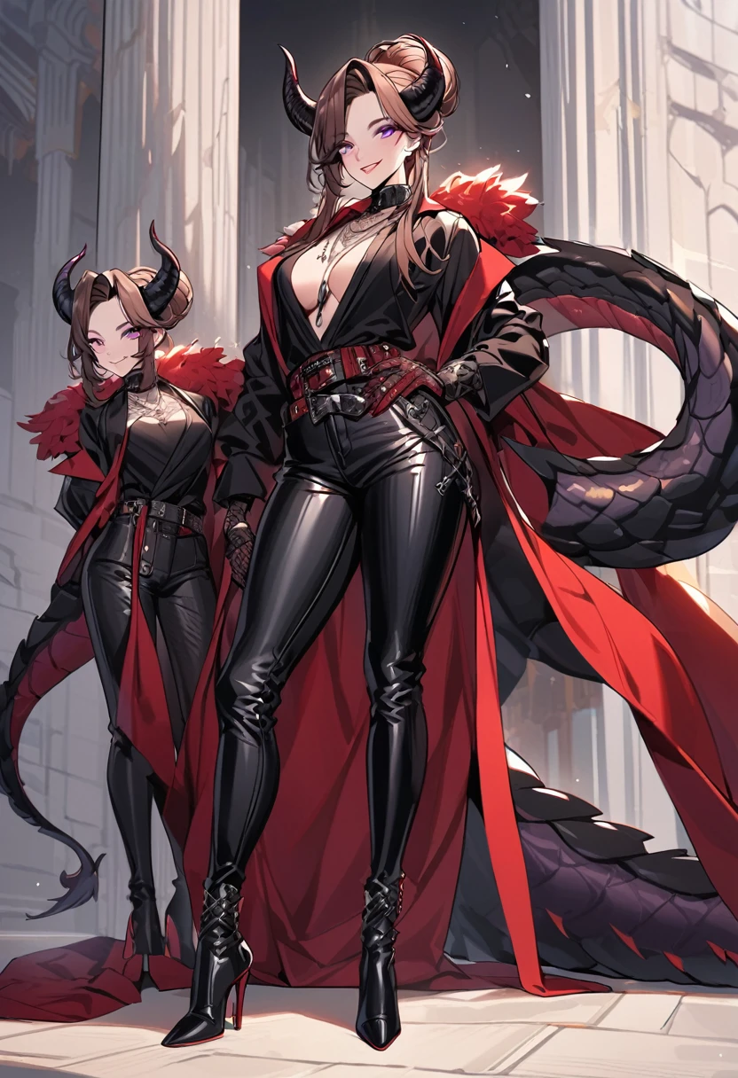 Tall woman, cheeky smile, brunette, hair gathered in a low bun, strands on the sides of face, red and black clothes with open chest, deep necklace, purple eyes, dragon tail and horns, belts, pants, light lipstick, high heels leather boots