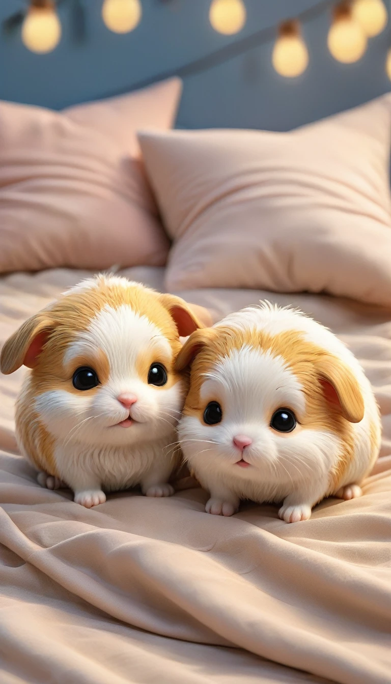 With the sunset in the background,(masterpiece:1.2, high quality), Several baby hamsters sleeping together in bed、