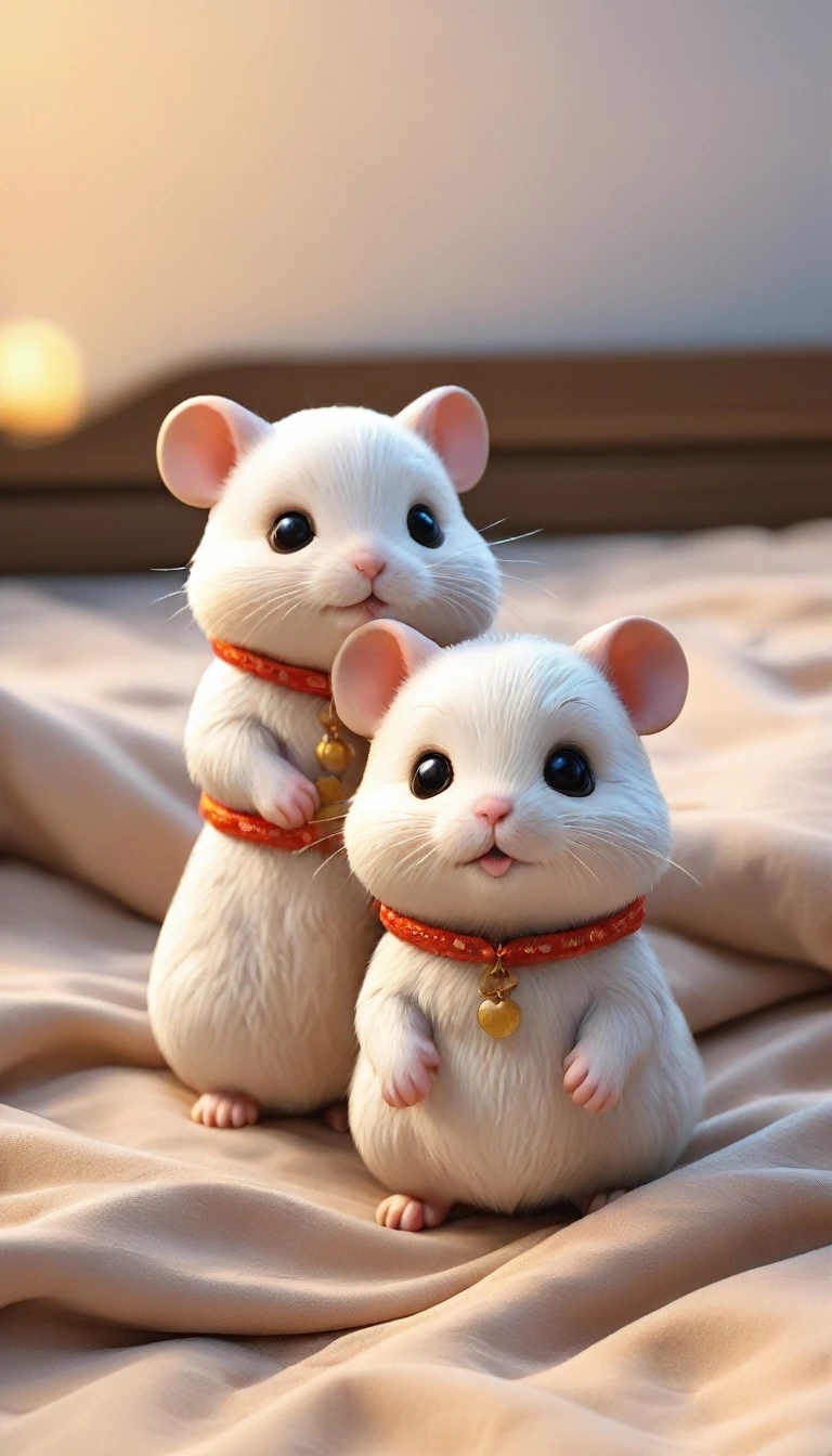 With the sunset in the background,(masterpiece:1.2, high quality), Several baby hamsters sleeping together in bed、