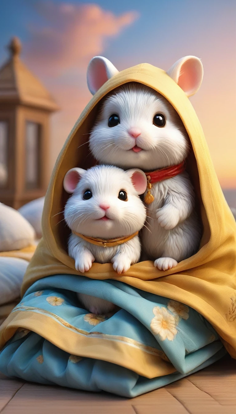With the sunset in the background,(masterpiece:1.2, high quality), Several baby hamsters sleeping together in bed、