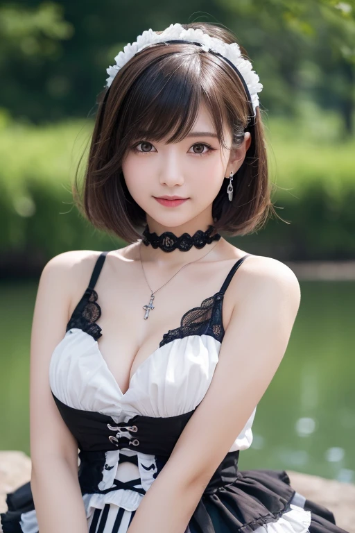 girl, White skin, ((Dark brown short tiered hair)), V cut with layers and bangs, Brown eyes, Soft atmosphere characteristics (Highest quality, Ultra-high resolution, 8K, RAW Photos, Ultra-high resolution: 1.2, masterpiece: 1.3), (Realistic, Realistic: 1.37), Very detailed, Professional Lighting, Photon Mapping, Radio City, 物理ベースレンダring, One Girl, (high school girl), Sharp focus:1.2、Beautiful woman:1.4,cute, Nice, Adorable, smile, Normal chest, Cross Necklace、Earrings、ring,(Cleavage)、Gothic ta Fashion, (((Black and white gothic fashion,))),Loliashion,Belly button、(lake、Waterfront)short hair