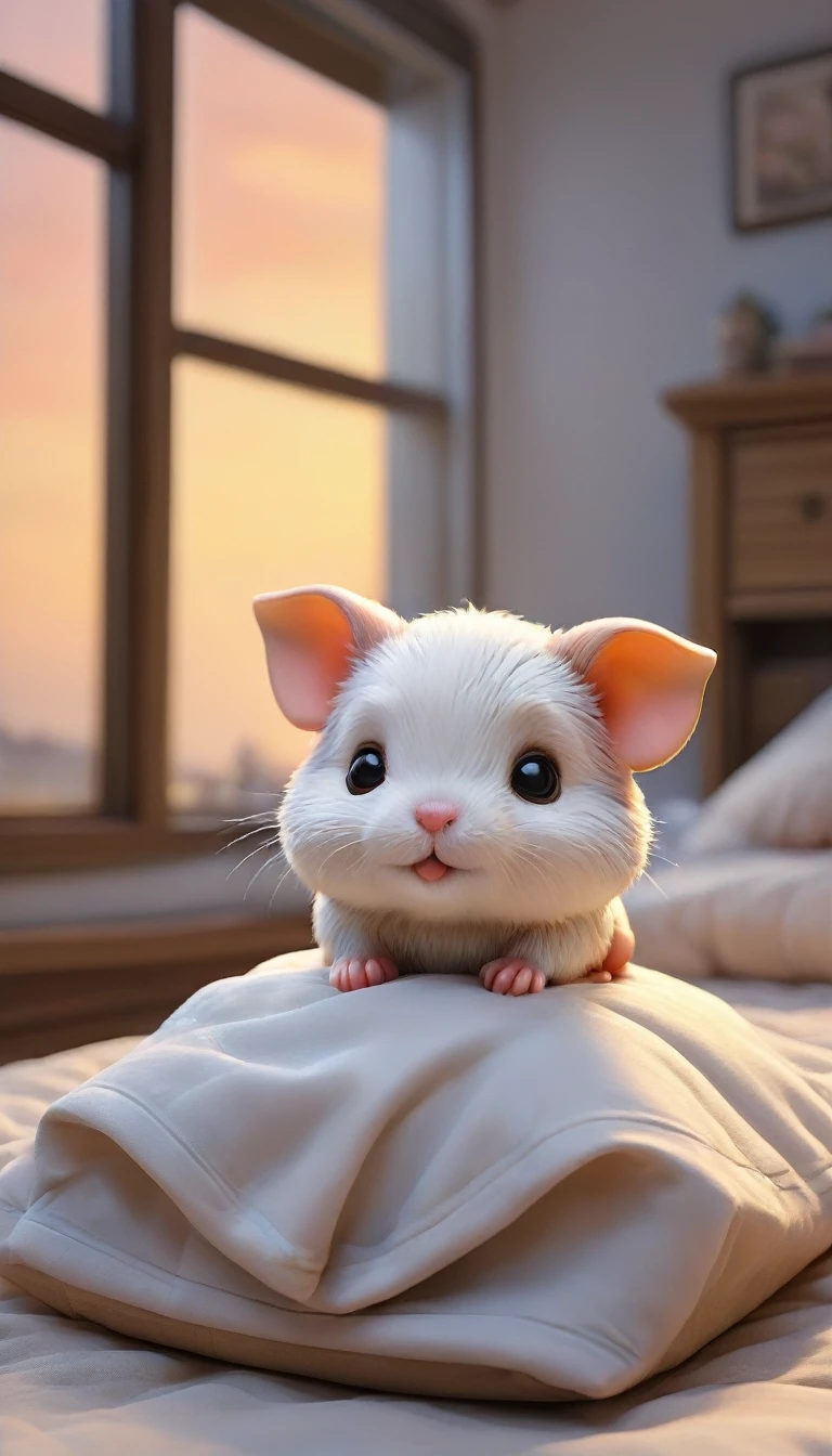 With the sunset in the background,(masterpiece:1.2, high quality), Several baby hamsters sleeping together in bed、