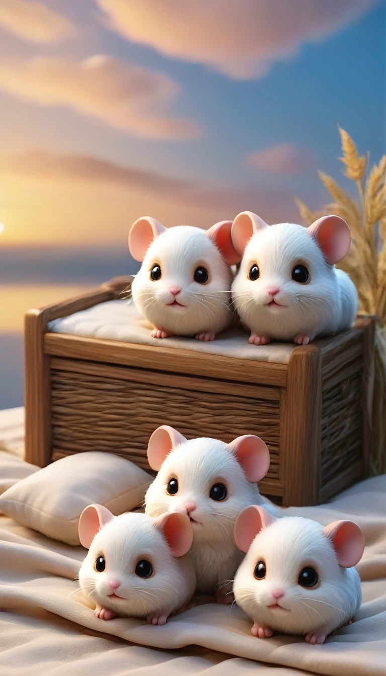 With the sunset in the background,(masterpiece:1.2, high quality), Several baby hamsters sleeping together in bed、