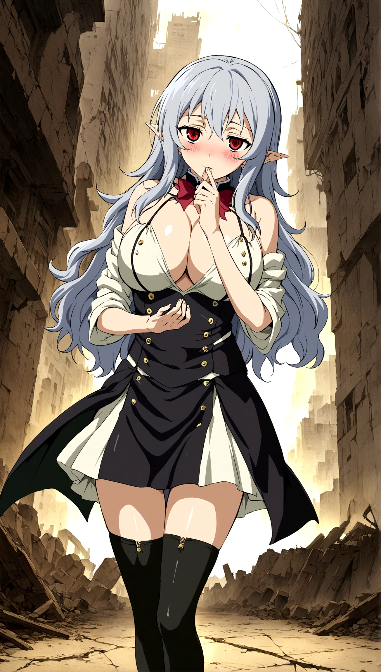 Anime. Owari no Seraph. 1 Girl. Expensive . A vampire. Clumsy. Progenitor. Silver hair. Wavy hair. Long hair. Red eyes. Beautiful eyes. Perfect eyes. Expressive eyes. Ideal face. Perfect body. Beautiful long ones. legs. Beautiful nose. 18 years. Big breasts. Standing. Full height. Beautiful character design. Shiny skin. Pointy ears. White dress. Vampire uniform dress from Owari no Seraph. Black stockings. She's drunk. She hiccups. She covers her mouth with her hand while hiccupping. "Hic..sorry..hic!!" she says hiccupping. Heeled shoes. Ruins of Tokyo. Whole body. NSF. Official art. Extremely detailed CG Unity 8k wallpaper. Ideal lighting. Ultra high resolution 4K. Super detailed 8K. A high resolution.