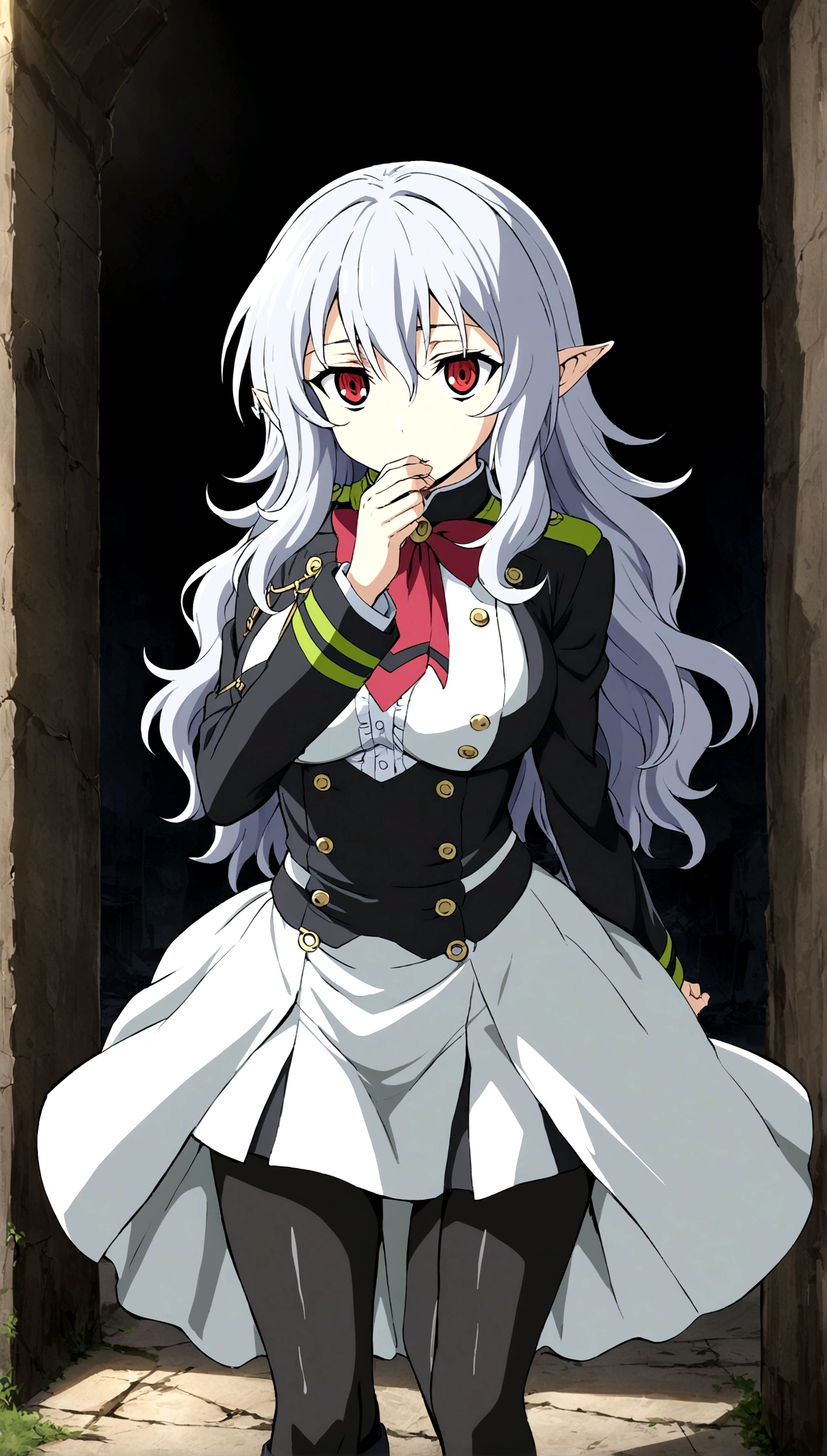Anime. Owari no Seraph. 1 Girl. Expensive . A vampire. Clumsy. Progenitor. Silver hair. Wavy hair. Long hair. Red eyes. Beautiful eyes. Perfect eyes. Expressive eyes. Ideal face. Perfect body. Beautiful long ones. legs. Beautiful nose. 18 years. Big breasts. Standing. Full height. Beautiful character design. Shiny skin. Pointy ears. White dress. Vampire uniform dress from Owari no Seraph. Black stockings. She's drunk. She hiccups. She covers her mouth with her hand while hiccupping. "Hic..sorry..hic!!" she says hiccupping. Heeled shoes. Ruins of Tokyo. Whole body. NSF. Official art. Extremely detailed CG Unity 8k wallpaper. Ideal lighting. Ultra high resolution 4K. Super detailed 8K. A high resolution.