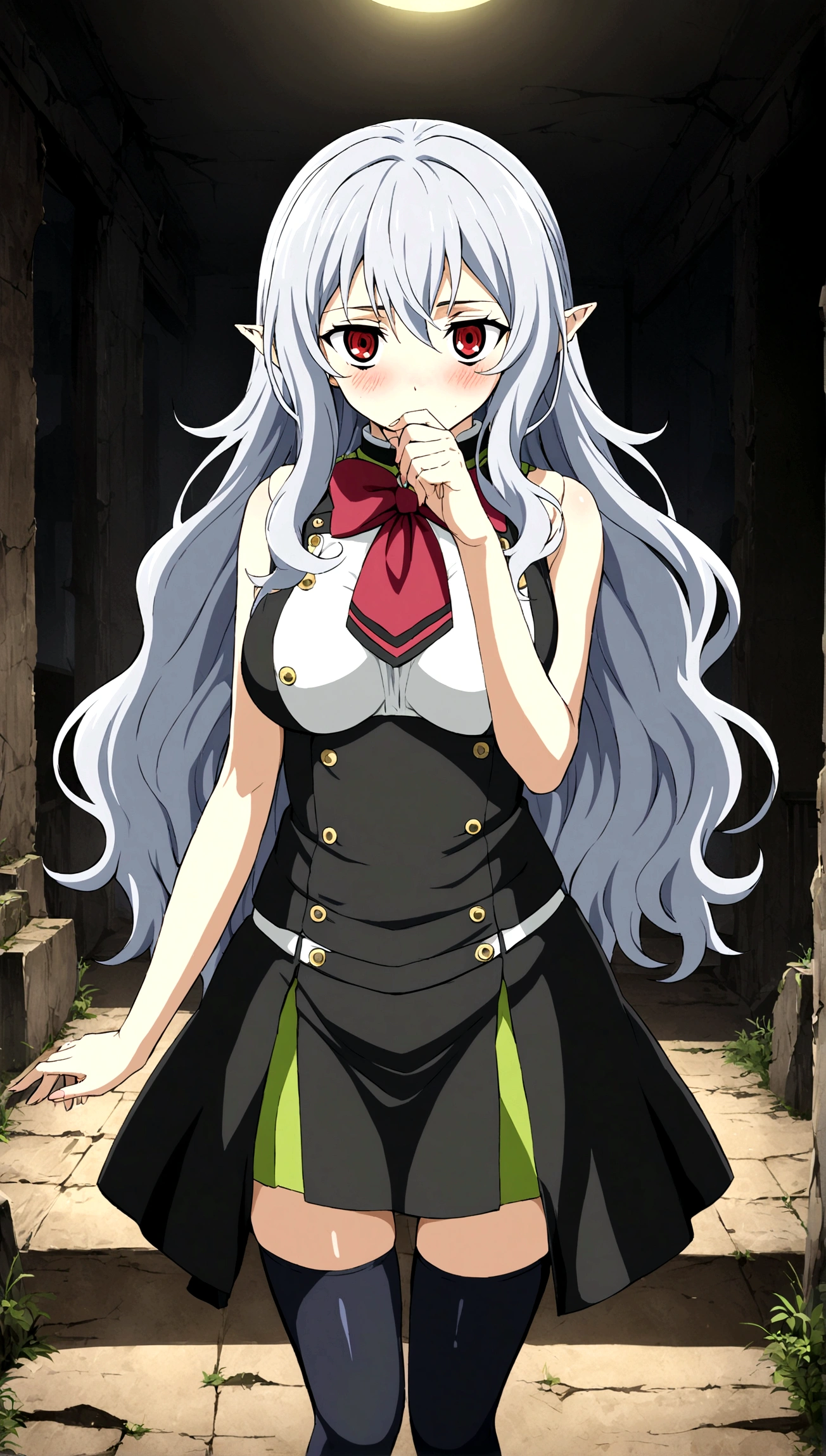 Anime. Owari no Seraph. 1 Girl. Expensive . A vampire. Clumsy. Progenitor. Silver hair. Wavy hair. Long hair. Red eyes. Beautiful eyes. Perfect eyes. Expressive eyes. Ideal face. Perfect body. Beautiful long ones. legs. Beautiful nose. 18 years. Big breasts. Standing. Full height. Beautiful character design. Shiny skin. Pointy ears. White dress. Vampire uniform dress from Owari no Seraph. Black stockings. She's drunk. She hiccups. She covers her mouth with her hand while hiccupping. "Hic..sorry..hic!!" she says hiccupping. Heeled shoes. Ruins of Tokyo. Whole body. NSF. Official art. Extremely detailed CG Unity 8k wallpaper. Ideal lighting. Ultra high resolution 4K. Super detailed 8K. A high resolution.