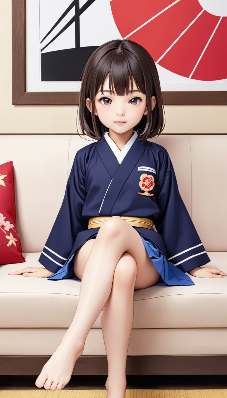 (8 year old Japanese girl),uniform,sofa,Crossing legs,barefoot,sole'Eyes wearing silver-white mirrored lens sunglasses、I looked at the world reflected in the lenses of my sunglasses..(Side Pony,Colorful Hair),