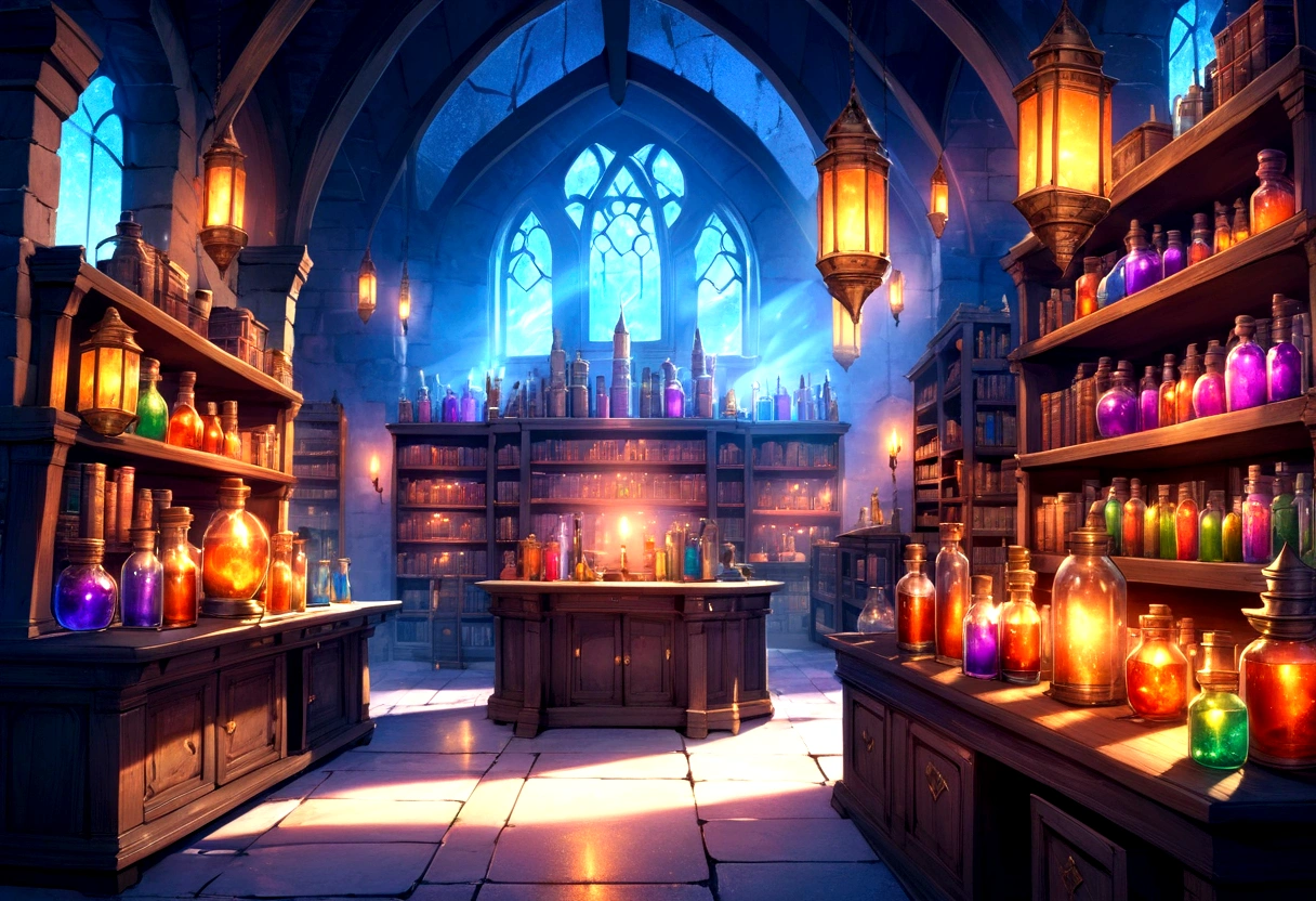 in the middle Mystical laboratory inside a castle with shelves of potion bottles, magical books, and artifacts with lanterns and glowing lights, realistic, good colors, good lighting, good reflections, highly detailed, game art