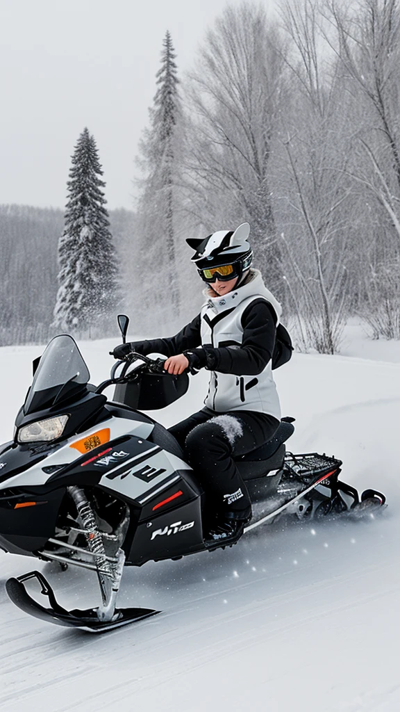 Cat riding black and white snowmobile 