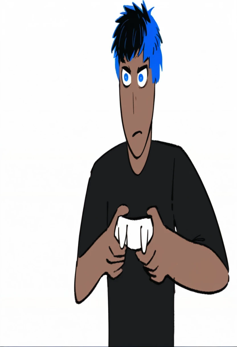 A black teenager with blue hair on the sides and black on top, eyes with light blue and dark blue heterochromia, wearing a black shirt, playing video game
