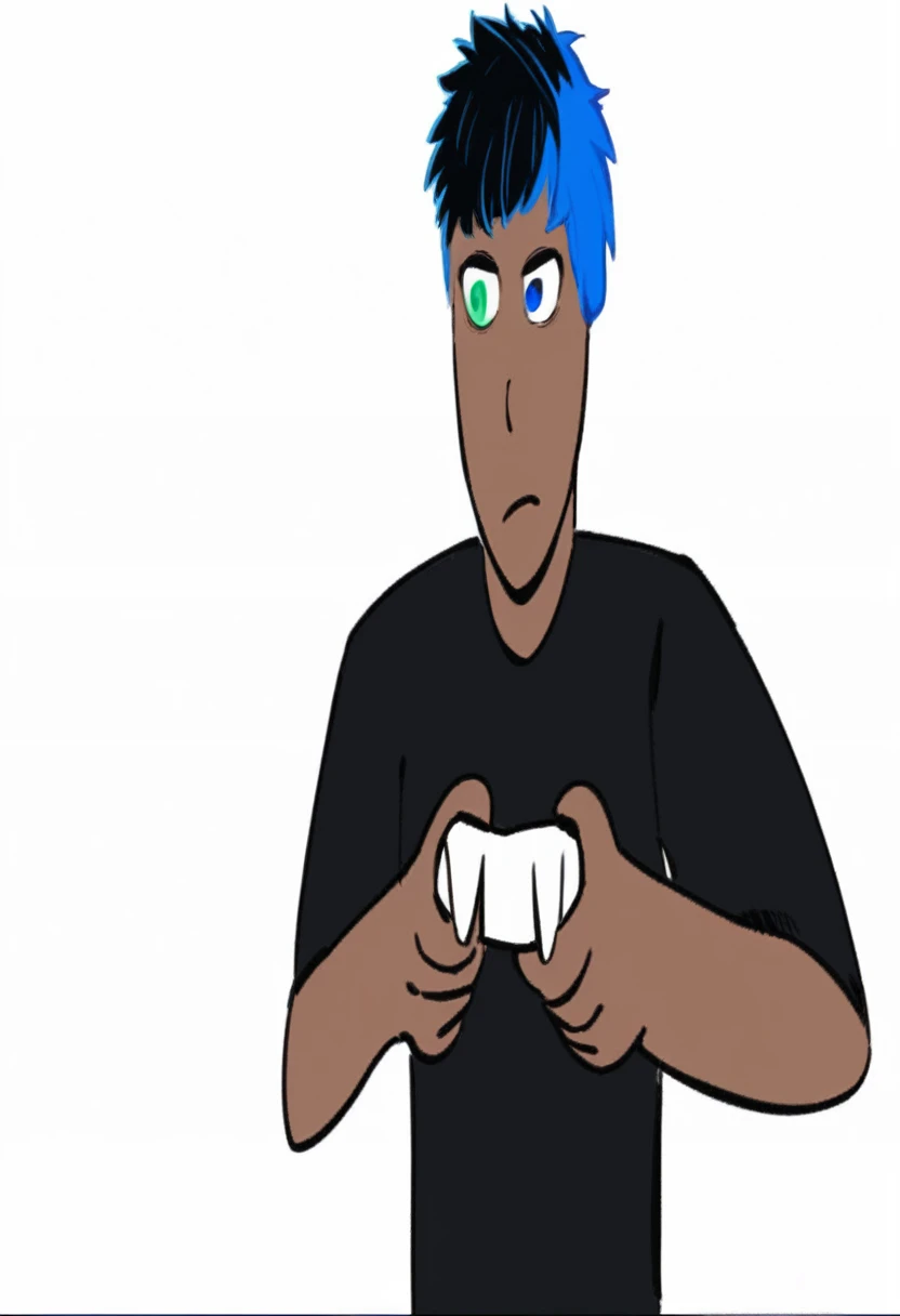 A black teenager with blue hair on the sides and black on top, eyes with light blue and dark blue heterochromia, wearing a black shirt, playing video game