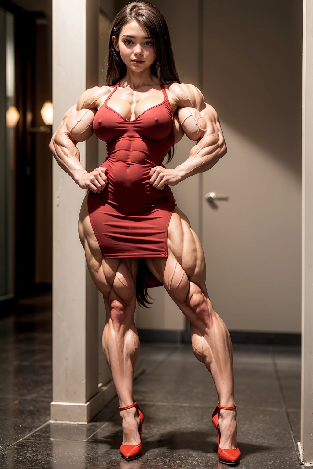 (Muscular:1.7), (large round breasts:1.4), (large muscular chest and shoulders:1.1), (tween girl:2.1), FEMALE, brown hair, long brown hair, (big smile:1), (wearing a tight body dress and high heels:1.5), looking at viewer, (three quarter view:1.2), upper body view, (formal event:1.6), dark lighting, detailed skin, detailed eyes, (clean skin:1.5), (tiny waist:1.5), exaggerated hourglass physique, (huge body muscles:1.7), (one protagonist:1.5), (shy:1.5),