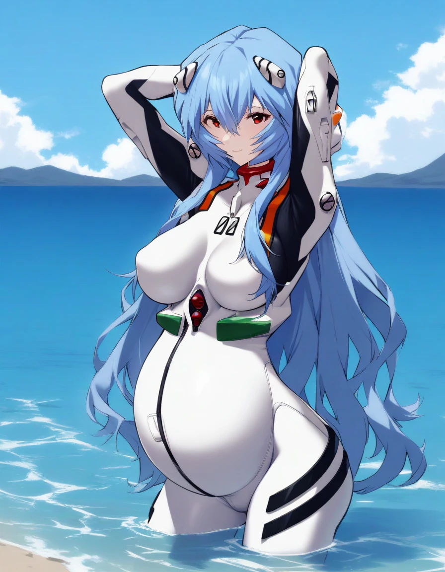One girl, Ayanami Rei, smile, pregnant, Red eyes, Long Hair, white plugsuit, hands behind the head, Big Tits, Hair between the eyes, by the water, View your viewers, Blue Hair, bangs, from front, high quality