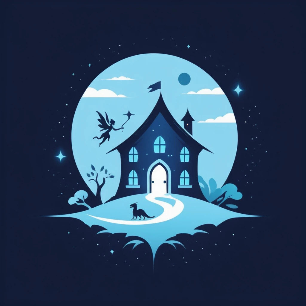 A logo with a family house full of magic, a fairy and a dragon, minimalist, Dark blue, light blue and turquoise.