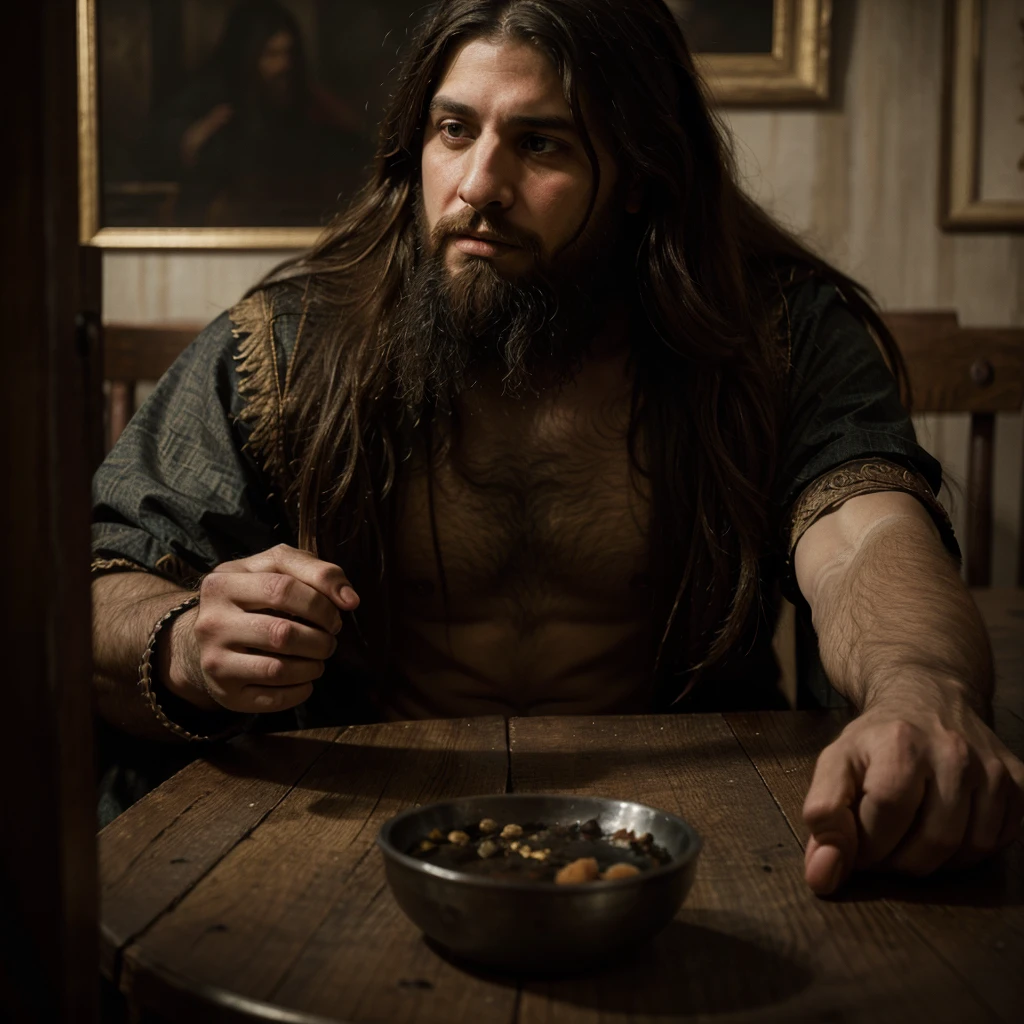 A bearded Jewish man with long hair, sitting at a table eating with sinners and tax collectors, Pharisees pointing fingers, chiaroscuro lighting, dramatic Renaissance painting, intricate detailed brushstrokes, muted color palette, moody atmosphere, cinematic composition, masterpiece quality