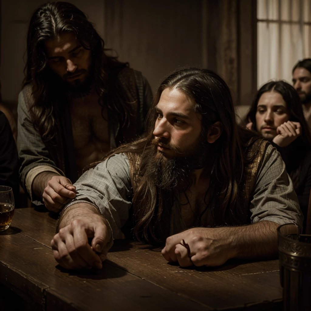 A bearded Jewish man with long hair, sitting at a table eating with sinners and tax collectors, Pharisees pointing fingers, chiaroscuro lighting, dramatic Renaissance painting, intricate detailed brushstrokes, muted color palette, moody atmosphere, cinematic composition, masterpiece quality
