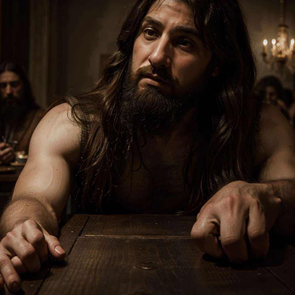 A bearded Jewish man with long hair, sitting at a table eating with sinners and tax collectors, Pharisees pointing fingers, chiaroscuro lighting, dramatic Renaissance painting, intricate detailed brushstrokes, muted color palette, moody atmosphere, cinematic composition, masterpiece quality