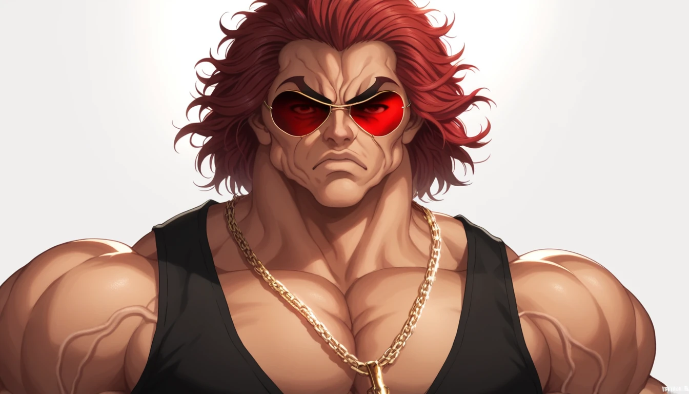 score_9, score_8_up, score_7_up, YujiroHanma, 1boy, male focus, solo, black shirt, many chain necklaces, gold, aviator sunglasses, red-tinted eyewear, muscular male, red hair, manly, veins, dynamic lighting, extremely detailed, portrait, serious expression, very veiny, glare, white background