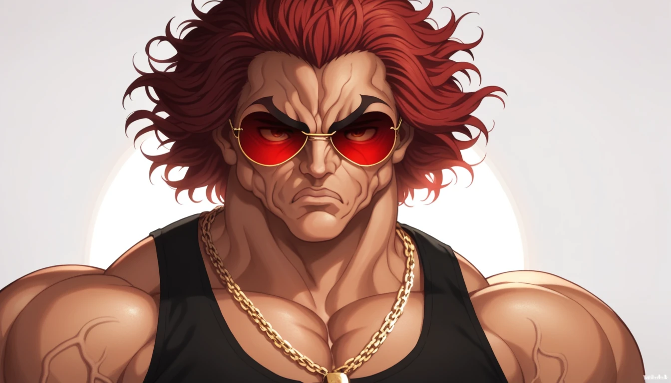 score_9, score_8_up, score_7_up, YujiroHanma, 1boy, male focus, solo, black shirt, many chain necklaces, gold, aviator sunglasses, red-tinted eyewear, muscular male, red hair, manly, veins, dynamic lighting, extremely detailed, portrait, serious expression, very veiny, glare, white background