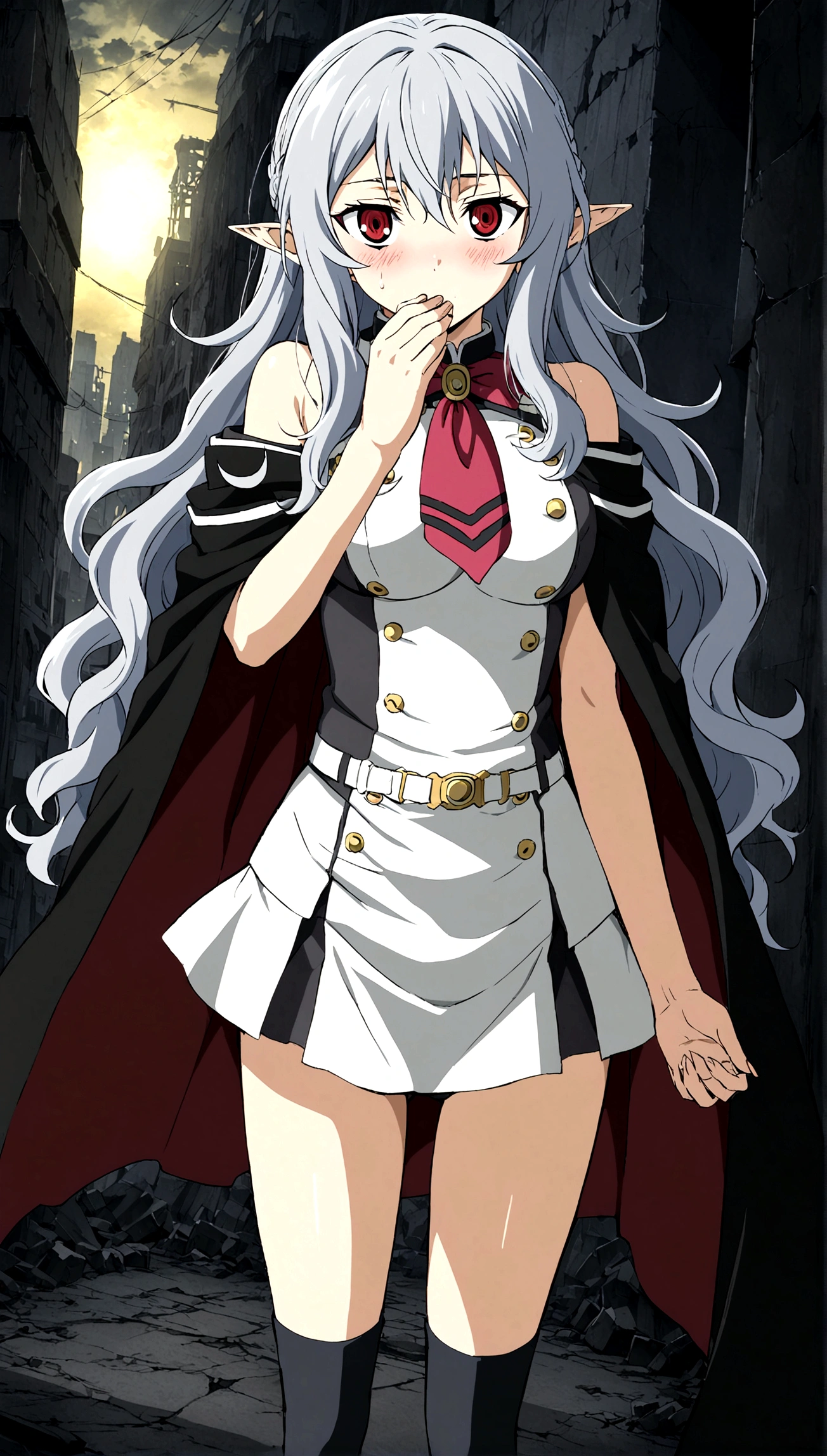Anime. Owari no Seraph. 1 Girl. Expensive . A vampire. Clumsy. Progenitor. Silver hair. Wavy hair. Long hair. Red eyes. Beautiful eyes. Perfect eyes. Expressive eyes. Ideal face. Perfect body. Beautiful long ones. legs. Beautiful nose. 18 years. Big breasts. Standing. Full height. Beautiful character design. Shiny skin. Pointy ears. White dress. Vampire uniform dress from Owari no Seraph. Black stockings. She's drunk. She hiccups. She covers her mouth with her hand while hiccupping. "Hic..sorry..hic!!" she says hiccupping. Heeled shoes. Ruins of Tokyo. Whole body. NSF. Official art. Extremely detailed CG Unity 8k wallpaper. Ideal lighting. Ultra high resolution 4K. Super detailed 8K. A high resolution.