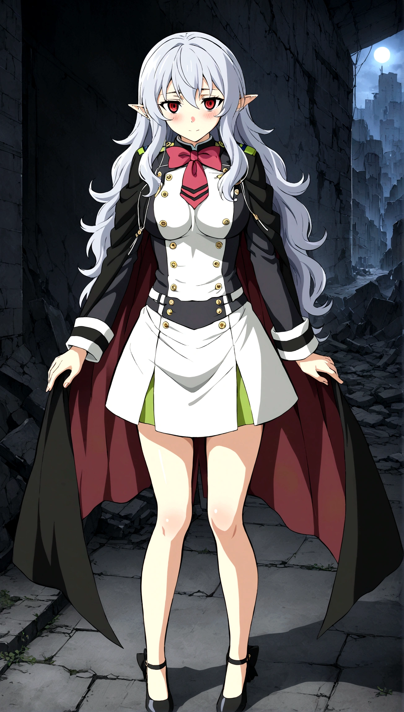 Anime. Owari no Seraph. 1 Girl. Expensive . A vampire. Clumsy. Progenitor. Silver hair. Wavy hair. Long hair. Red eyes. Beautiful eyes. Perfect eyes. Expressive eyes. Ideal face. Perfect body. Beautiful long ones. legs. Beautiful nose. 18 years. Big breasts. Standing. Full height. Beautiful character design. Shiny skin. Pointy ears. White dress. Vampire uniform dress from Owari no Seraph. Black stockings. She's drunk. She hiccups. She covers her mouth with her hand while hiccupping. "Hic..sorry..hic!!" she says hiccupping. Heeled shoes. Ruins of Tokyo. Whole body. NSF. Official art. Extremely detailed CG Unity 8k wallpaper. Ideal lighting. Ultra high resolution 4K. Super detailed 8K. A high resolution.