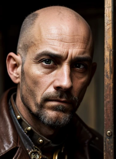 Create a portrait of an unkempt and scraggly bald skinny man with a hyper-realistic likeness. The man is depicted in a front-facing position, showcasing his distant drug addled and alcholic eyes. Every detail of his drug-addicted face is captured with astonishing realism, from the texture of his bald scalp to the lines and a sickly pallor wrinkles that speak of a harsh life filled with drug addiction. The lighting emphasizes the depth and character of his features, casting subtle shadows that add depth to the portrait. Dressed in steampunk clothes, he has the look of an opium addict or a meth addict, his steampunk clothes are poorly kept and messy