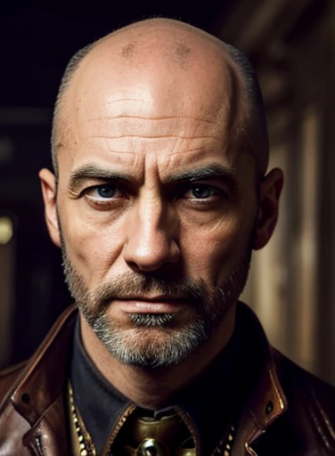 Create a portrait of an unkempt and scraggly bald skinny man with a hyper-realistic likeness. The man is depicted in a front-facing position, showcasing his distant drug addled and alcholic eyes. Every detail of his drug-addicted face is captured with astonishing realism, from the texture of his bald scalp to the lines and a sickly pallor wrinkles that speak of a harsh life filled with drug addiction. The lighting emphasizes the depth and character of his features, casting subtle shadows that add depth to the portrait. Dressed in steampunk clothes, he has the look of an opium addict or a meth addict, his steampunk clothes are poorly kept and messy