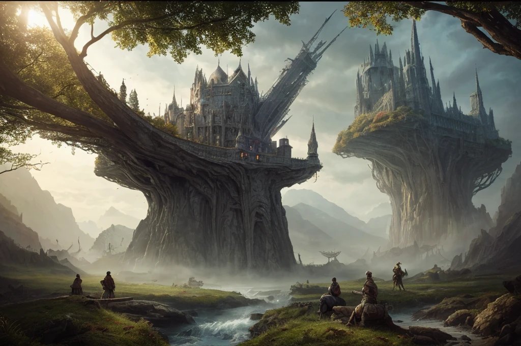 inspiré de Tolkien, À la manière de John Howe, detailed fantasy landscape, enchanted forests, majestic mountains, epic battles, dangerous dungeons, forteresse militaire cachée, cinematic lighting, dramatic atmosphere, hyper realistic, 8k, cinematic, award winning, masterpiece, intricate details, vivid colors, dramatic shadows, volumetric lighting, ultra-detailed, photorealistic, intricate details, impeccable textures, seamless composition, mesmerizing