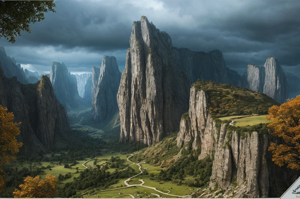 inspiré de Tolkien, À la manière de John Howe, detailed fantasy landscape, enchanted forests, majestic mountains, epic battles, dangerous dungeons, forteresse militaire cachée, cinematic lighting, dramatic atmosphere, hyper realistic, 8k, cinematic, award winning, masterpiece, intricate details, vivid colors, dramatic shadows, volumetric lighting, ultra-detailed, photorealistic, intricate details, impeccable textures, seamless composition, mesmerizing