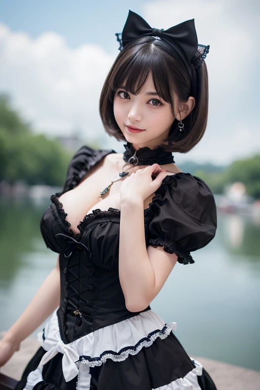 girl, White skin, ((Dark brown short tiered hair)), V cut with layers and bangs, Brown eyes, Soft atmosphere characteristics (Highest quality, Ultra-high resolution, 8K, RAW Photos, Ultra-high resolution: 1.2, masterpiece: 1.3), (Realistic, Realistic: 1.37), Very detailed, Professional Lighting, Photon Mapping, Radio City, 物理ベースレンダring, One Girl, (high school girl), Sharp focus:1.2、Beautiful woman:1.4,cute, Nice, Adorable, smile, Normal chest, Cross Necklace、Earrings、ring,(Cleavage)、Gothic ta Fashion, (((ピンクと黒のGothic Loliashion:1.2))),Lolita Fon,Belly button、(lake、Waterfront)short hair、whole body