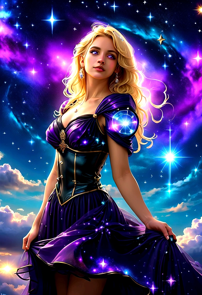 a portrait of an astrologer looking to the sky at libra constellation in the night sky, an extraordinary beautiful woman, there is magic in her eyes divining the future from the Libra constellation, blond hair, dynamic hair style, wearing an intricate dark purple dress decorated with glowing stars, she looks to the night sky seeing the ((Libra constellation in the sky: 1.5)), vibrant, Ultra-high resolution, High Contrast, (masterpiece:1.5), highest quality, Best aesthetics), best details, best quality, highres, 16k, [ultra detailed], masterpiece, best quality, (extremely detailed), Cinematic Hollywood Film, magical sky, FireMagicAI, dark novel