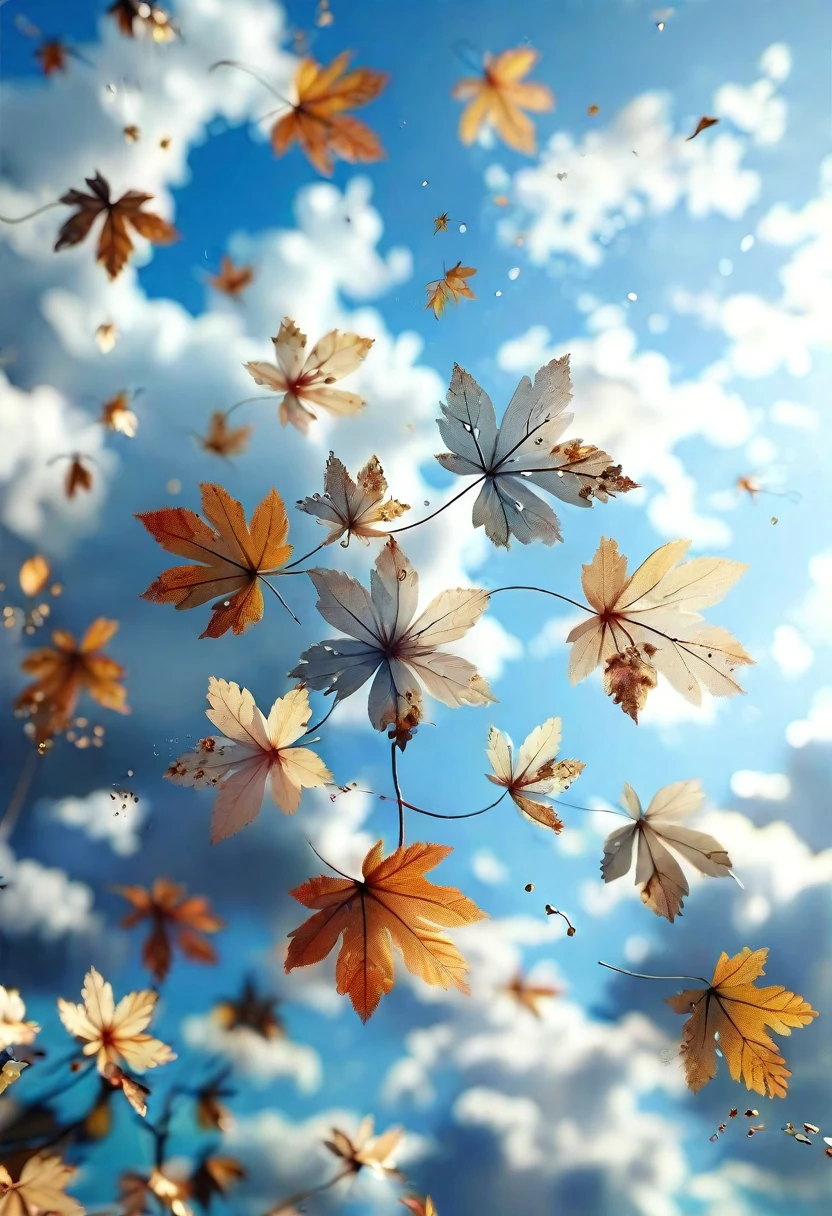 Masterpiece, highest quality, (highly detailed CG Unity 8k wallpaper) (highest quality), (best illustration), (best shadow) nature', sky, clouds, delicate leaf petals falling in the light of the air Tracking, ultra detailed