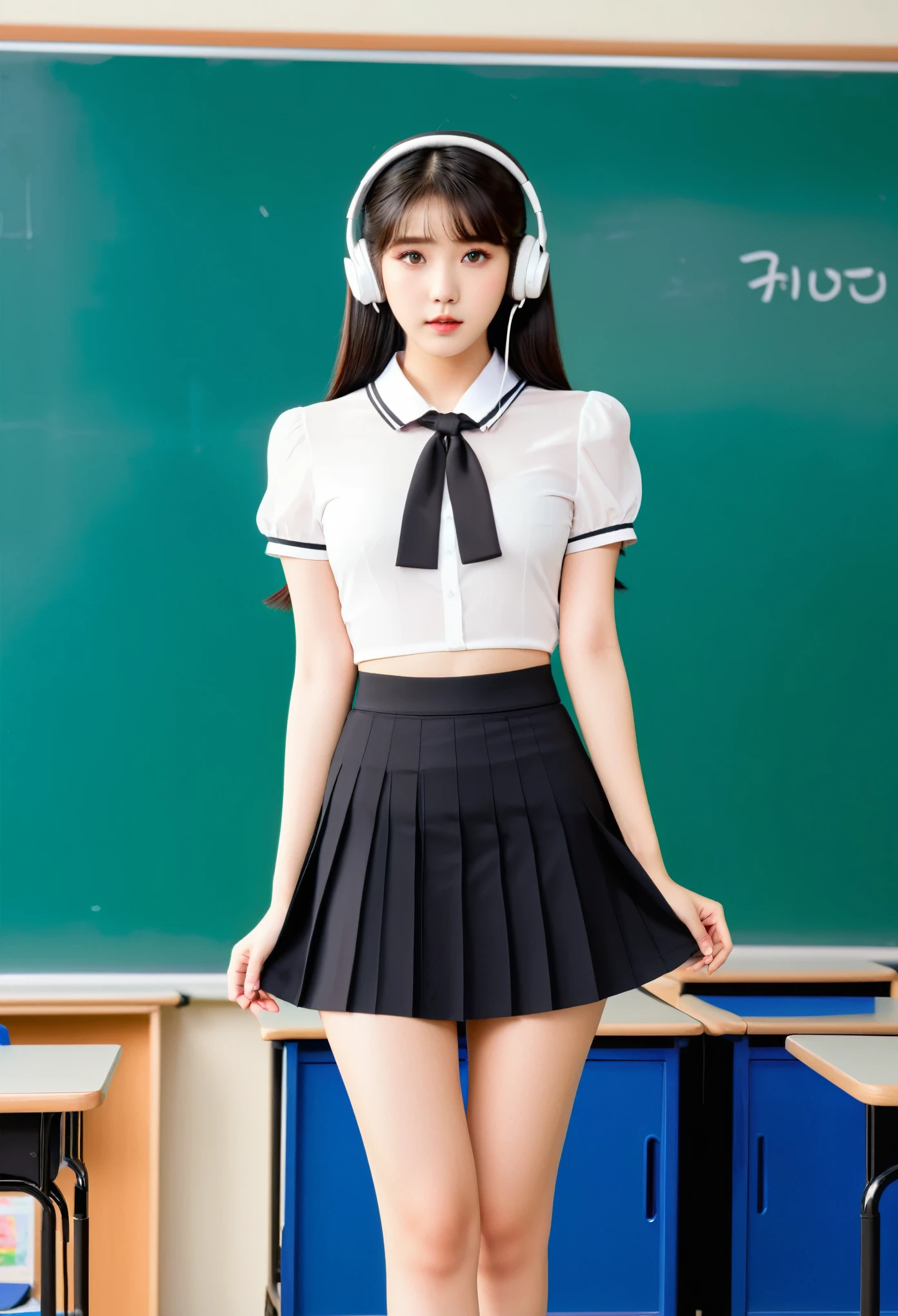 IU1,Full body photo of an Asian beauty, wearing white short sleeves and black pleated skirt, standing in front of the classroom board with headphones on her head. She has long legs, plump figure, fair skin, delicate face features, bright eyes, high nose bridge, (underboob cutout:1.5)
