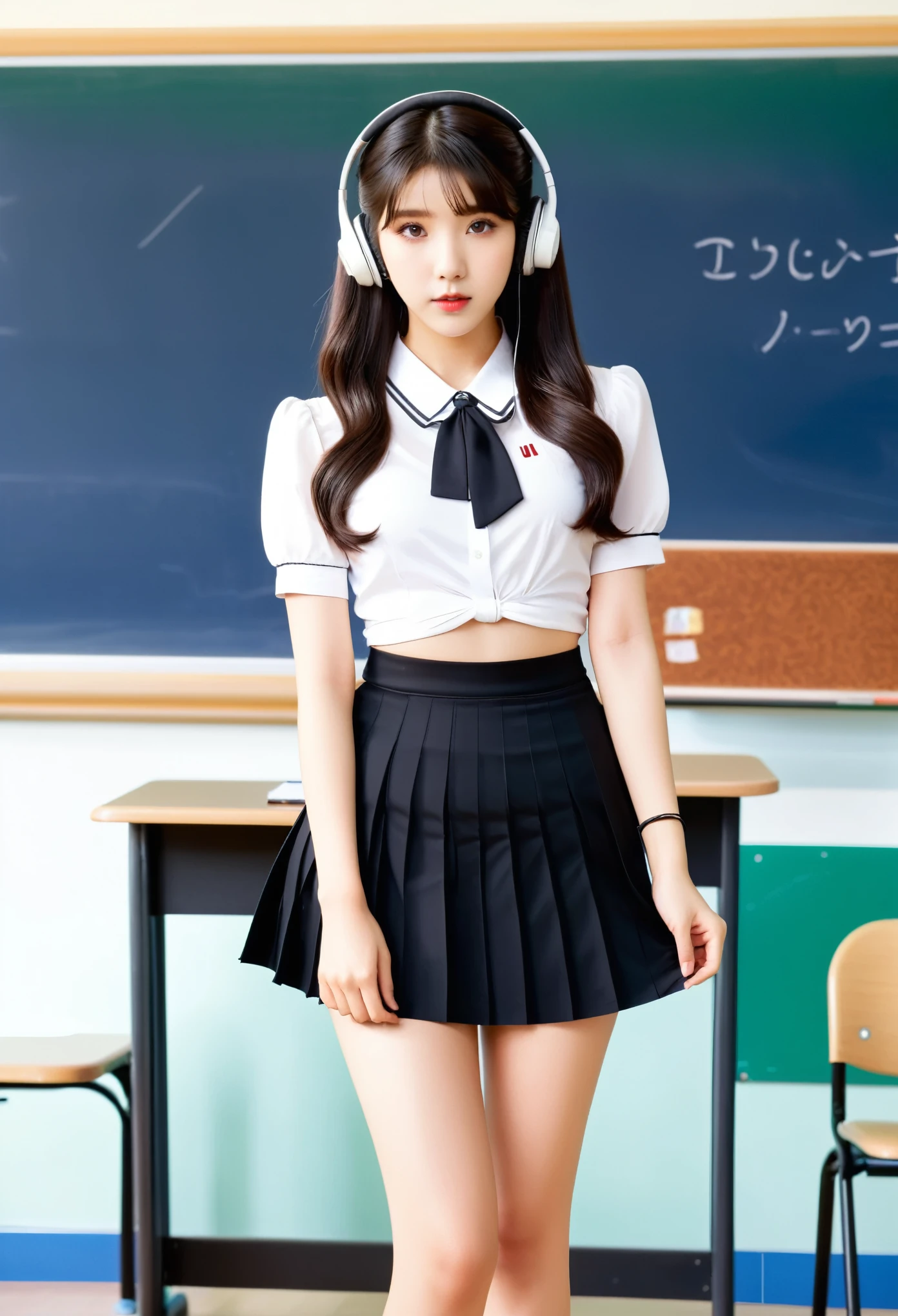 IU1,Full body photo of an Asian beauty, wearing white short sleeves and black pleated skirt, standing in front of the classroom board with headphones on her head. She has long legs, plump figure, fair skin, delicate face features, bright eyes, high nose bridge, (underboob cutout:1.5)
