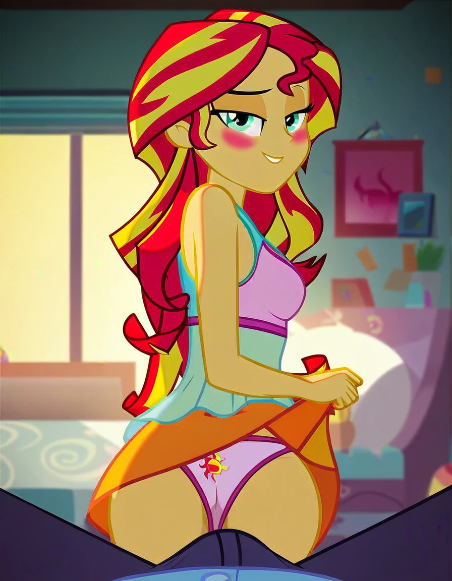 score_9, score_8_up, score_7_up, score_6_up, score_5_up, score_4_up, background sunset apartment, bedroom, sunset shimmer, equestria girls, cute, romantic, bedroom eyes, breasts, bra, female, sexy, bend over, looking back, looking at viewer, beautiful, panties, upskirt, skirt lift, shirt lift, cartoon, vector, show accurate, blushing, male pov, Sunset sticks her ass out, shapely ass, thongs panties, bikini. Male POV has a very huge and big tent in his pants, erection bulge in pants