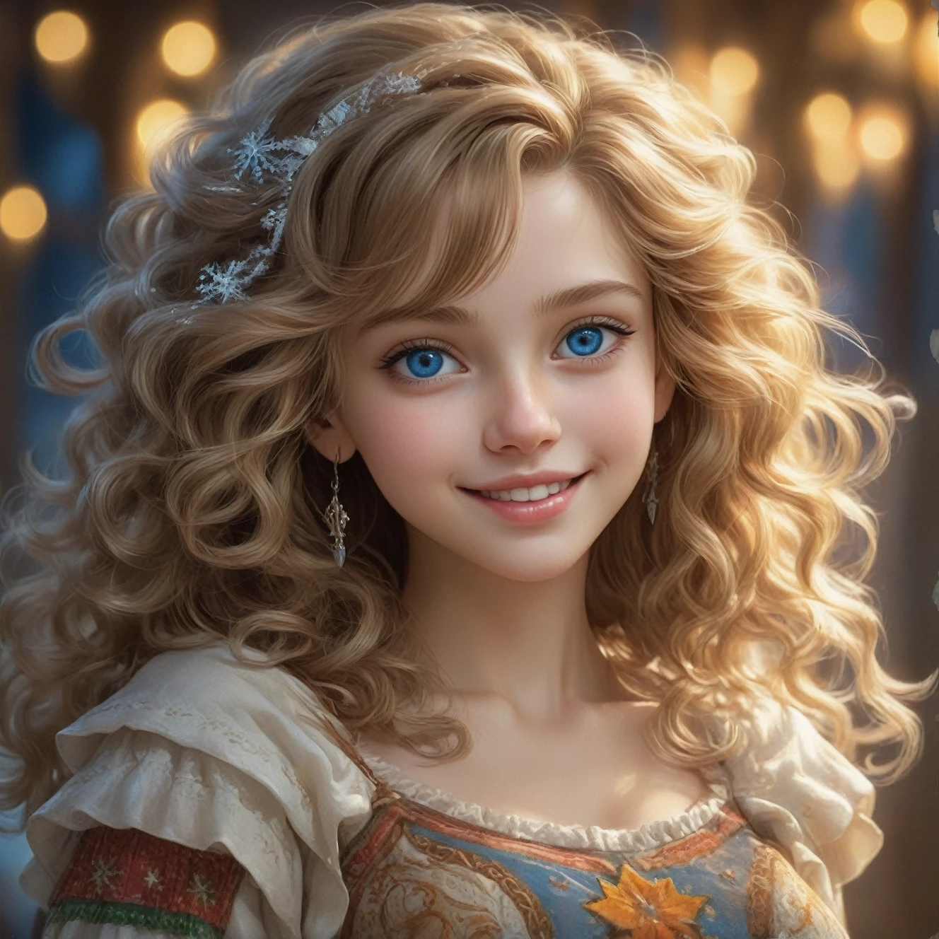 1 cute lithuanian lady, pleased, iced sparkling azure eyes, silk skin texture, skin grain, curly hair , christmas morning, cozy, warm lightThe artwork should be rendered in the style of "Breath of the Wild," featuring warm lighting and shadows. Include graphite shading, stencil marks, and airbrushed acrylic paint effects. The image should be of the highest quality, a masterpiece with intricate details. She should have luscious lips, a wide smile, and bright, expressive eyes, exuding beauty, cuteness, and adorableness. Ensure the image is high resolution and sharply detailed, with a detailed and vibrant background. incorporate mystical lighting in the background, creating a romantic and enchanting atmosphere.