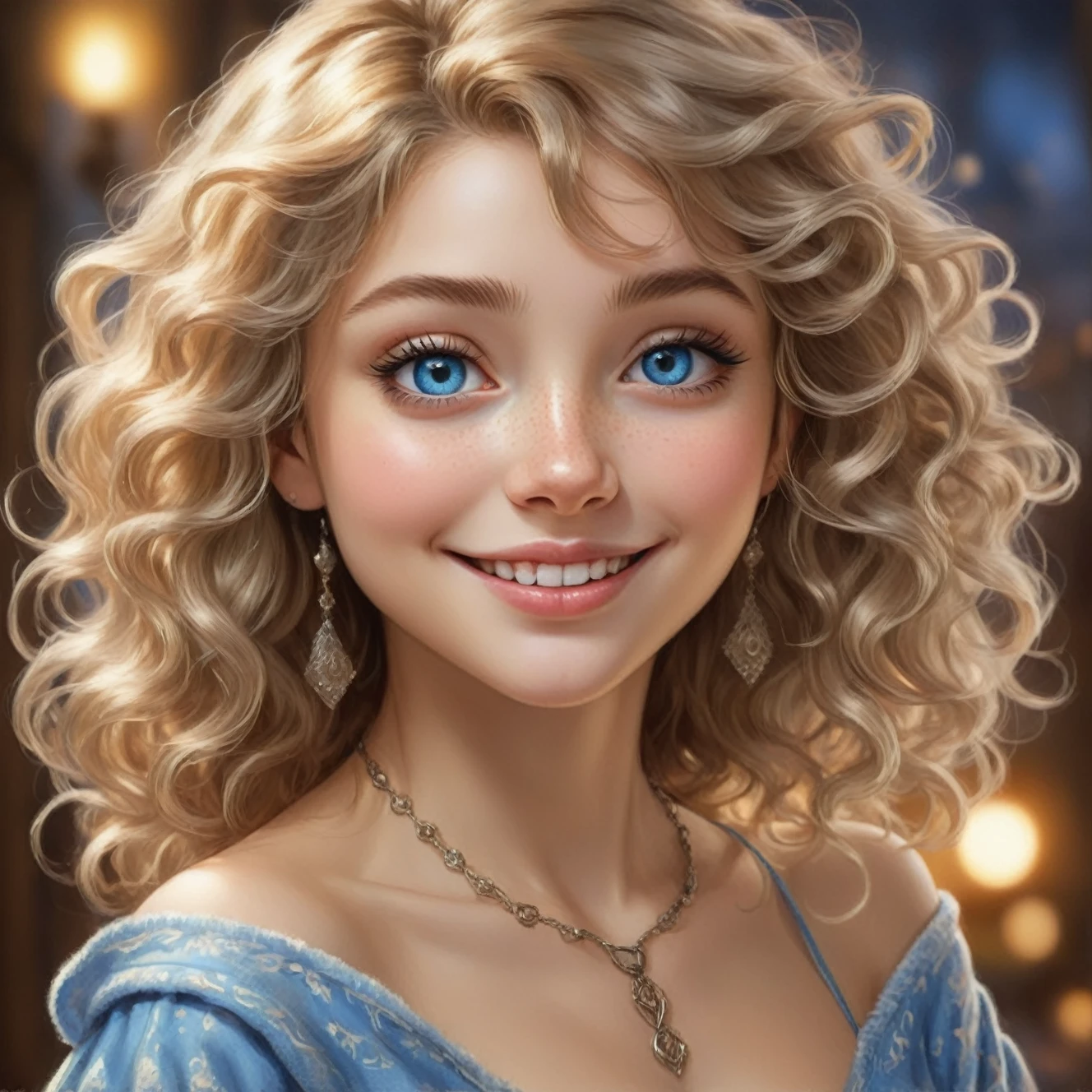 1 cute lithuanian lady, pleased, iced sparkling azure eyes, silk skin texture, skin grain, curly hair , christmas morning, cozy, warm lightThe artwork should be rendered in the style of "Breath of the Wild," featuring warm lighting and shadows. Include graphite shading, stencil marks, and airbrushed acrylic paint effects. The image should be of the highest quality, a masterpiece with intricate details. She should have luscious lips, a wide smile, and bright, expressive eyes, exuding beauty, cuteness, and adorableness. Ensure the image is high resolution and sharply detailed, with a detailed and vibrant background. incorporate mystical lighting in the background, creating a romantic and enchanting atmosphere.
