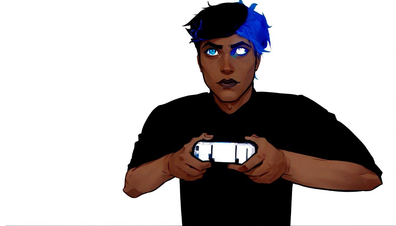A black teenager with blue hair on the sides and black on top, eyes with light blue and dark blue heterochromia, wearing a black shirt, playing video game 