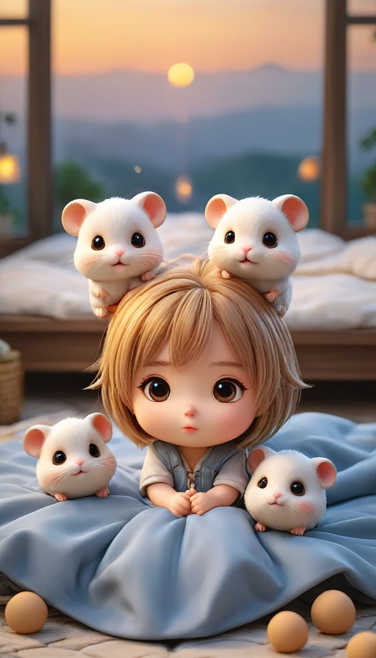 With the sunset in the background,(masterpiece:1.2, high quality), Several baby hedgehogs sleeping together in bed、