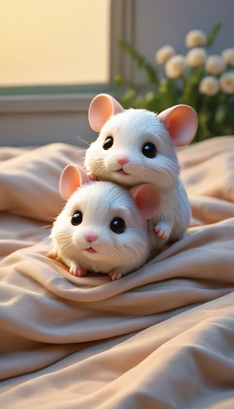 With the sunset in the background,(masterpiece:1.2, high quality), Several baby hamsters sleeping together in bed、