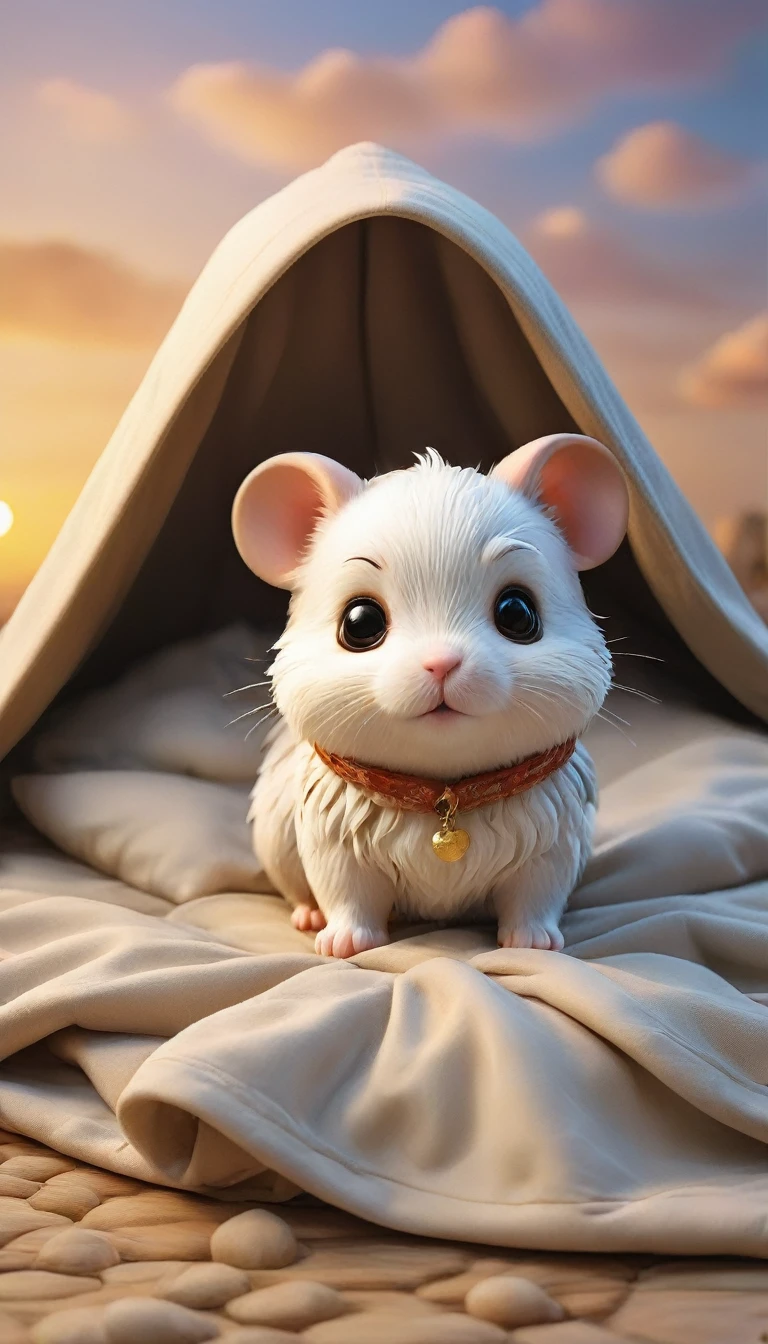 With the sunset in the background,(masterpiece:1.2, high quality), Several baby hamsters sleeping together in bed、