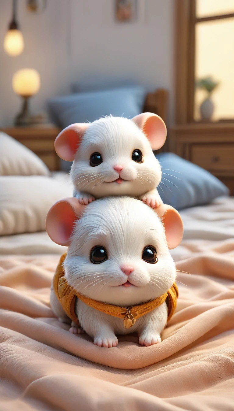 With the sunset in the background,(masterpiece:1.2, high quality), Several baby hamsters sleeping together in bed、