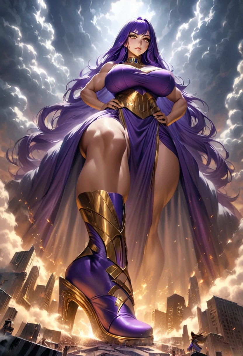 Towering Giantess, Egyptian goddess clothing, purple high heels, toned and athletic, massive strength, really big breasts, gold eyes, deep purple long hair, superior expression, sitting on a gigantic throne, crosslegged, smoke and clouds roil around her, epic scale and drama, dark gloomy lighting, realistic, tense and ominous atmosphere, majestic, powerful, goddess, perspective from below, hand on hip, looking downwards. Fullbody.