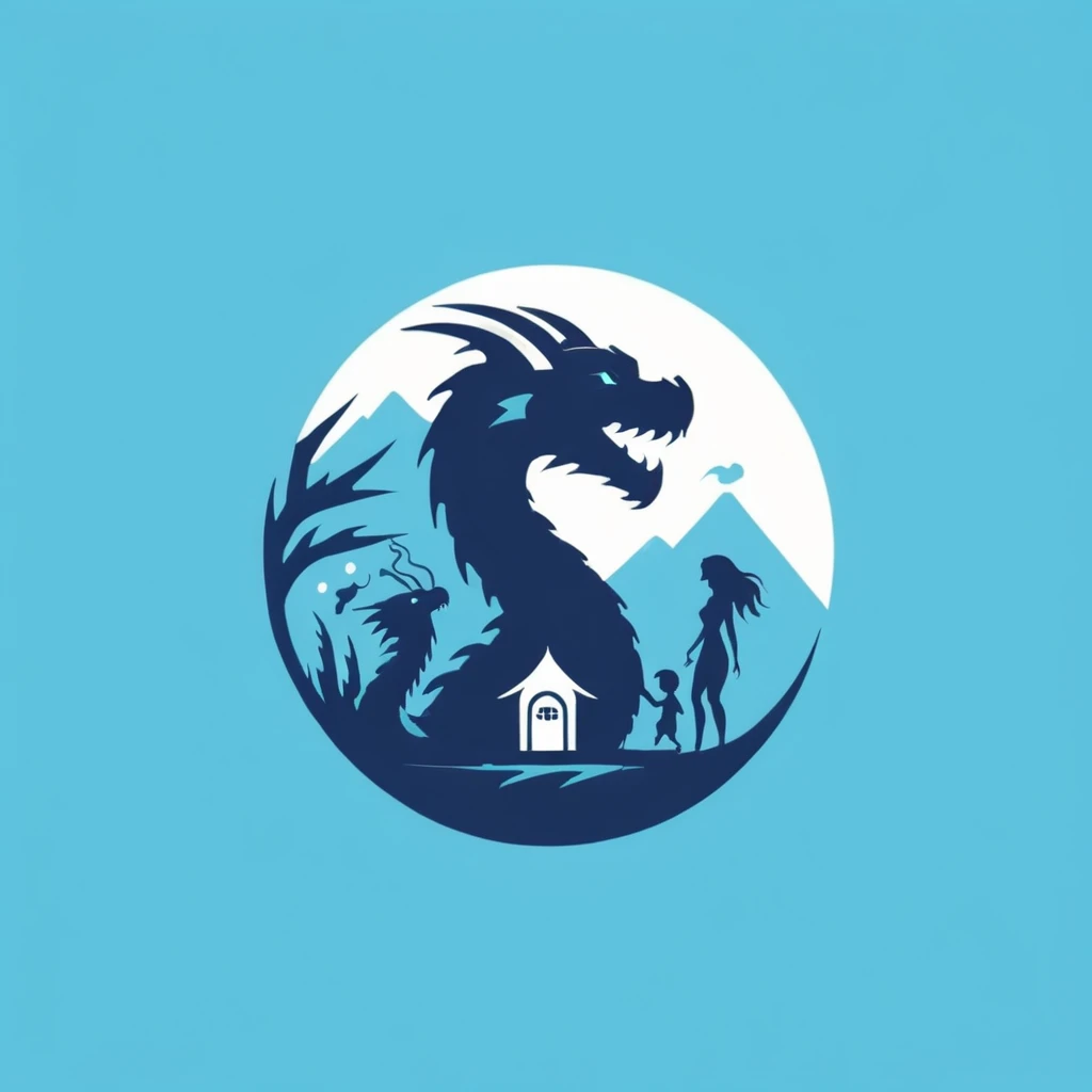 A logo with a dragon with his family in his home, minimalist, Dark blue, light blue and turquoise.