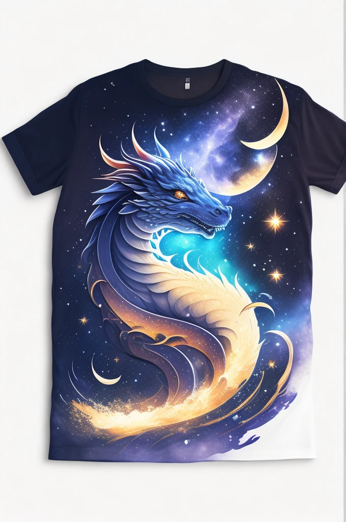 A t-shirt with Celestial Dragon, Starry sky, White background, t shirt design, rzminjornada, vectorial art