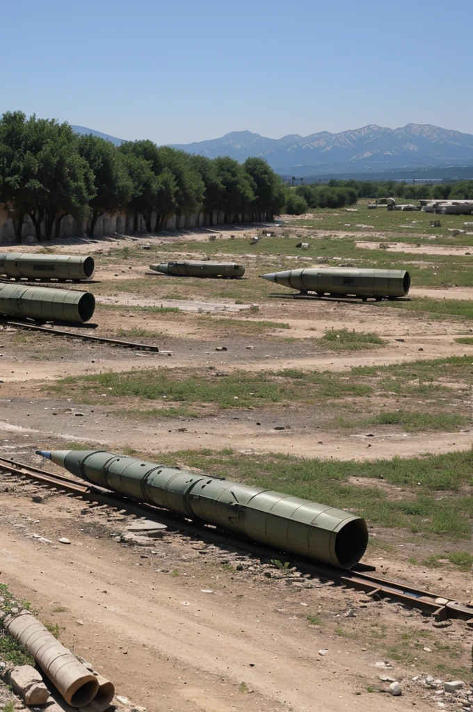 War zone as background. Matrosckas that look like Russian rockets