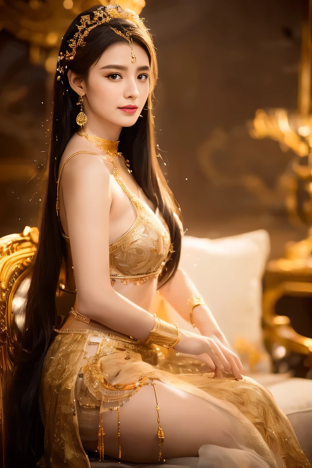 Noble goddess，Scepter in hand，Elegant temperament，mystical ambiance，Best quality、tmasterpiece、A high resolution、1girll、Sheer silk porcelain dress、Nice face、hair adornments、looking at viewer、shift dresses、hair adornments、choker necklace、jewely、long black hair、earring、pretty  face、Sit in a golden chair，Ancient mythology、Ancient palaces，Luxurious and detailed background、hentail realism、profesional lighting、edge lit、bicolor lighting、（highdetailskin：1.2）、8K, Ultra HD、Digital SLR、softlighting、high quality，Volumetriclighting，High resolution 4K，blur background，high contrast，largevaperture，automatic white balance，cinematic compositions，realisticlyingmedium breast, show nipples, show vagina, open legs:1.5, wide open legs.